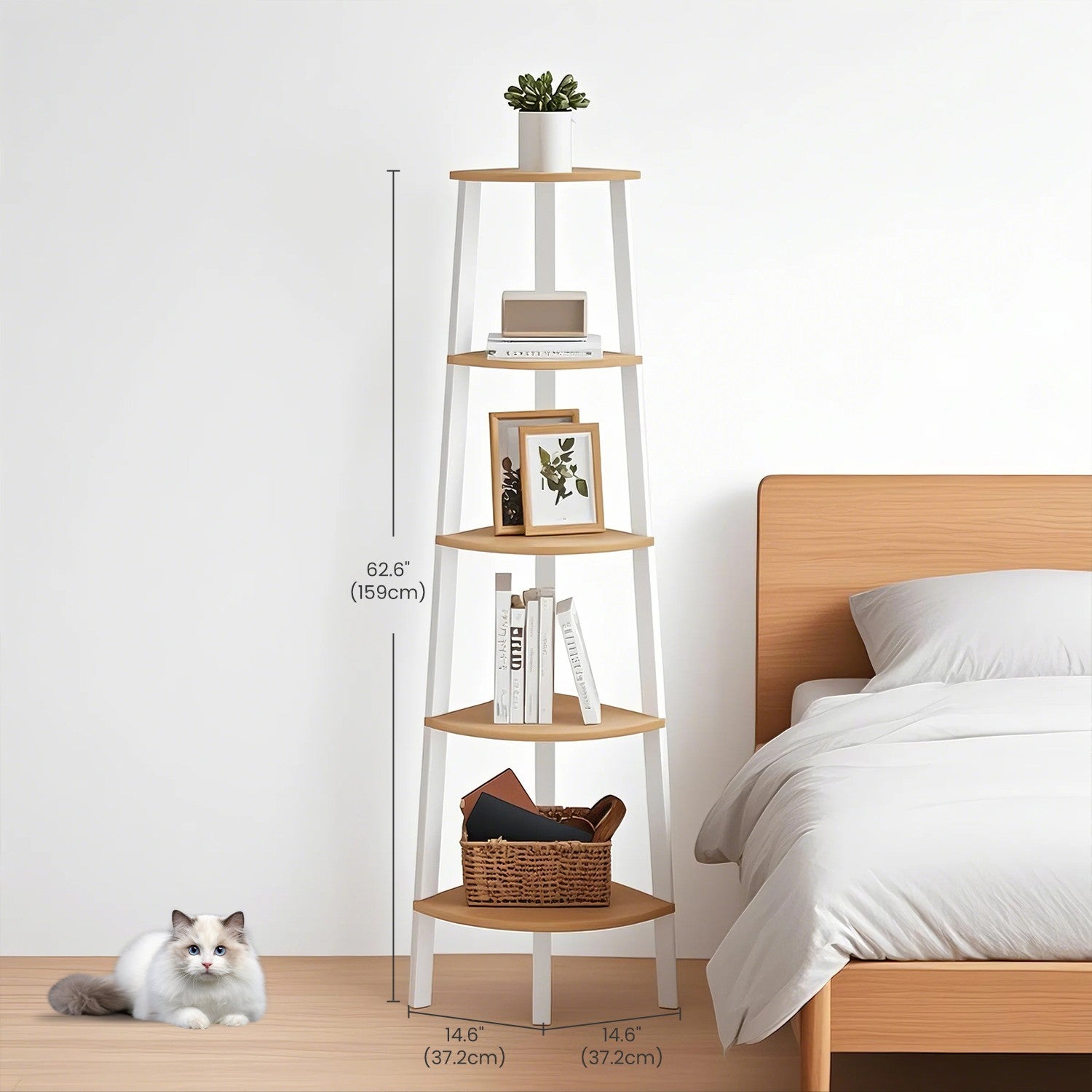 Bookcase with 5 layers - industrial design, natural oak and matte white