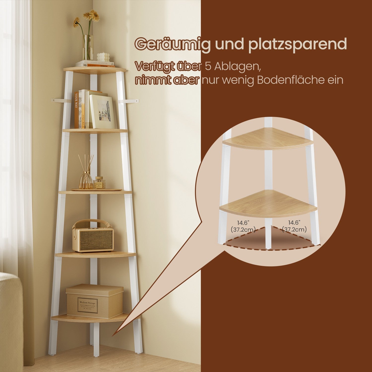 Bookcase with 5 layers - industrial design, natural oak and matte white