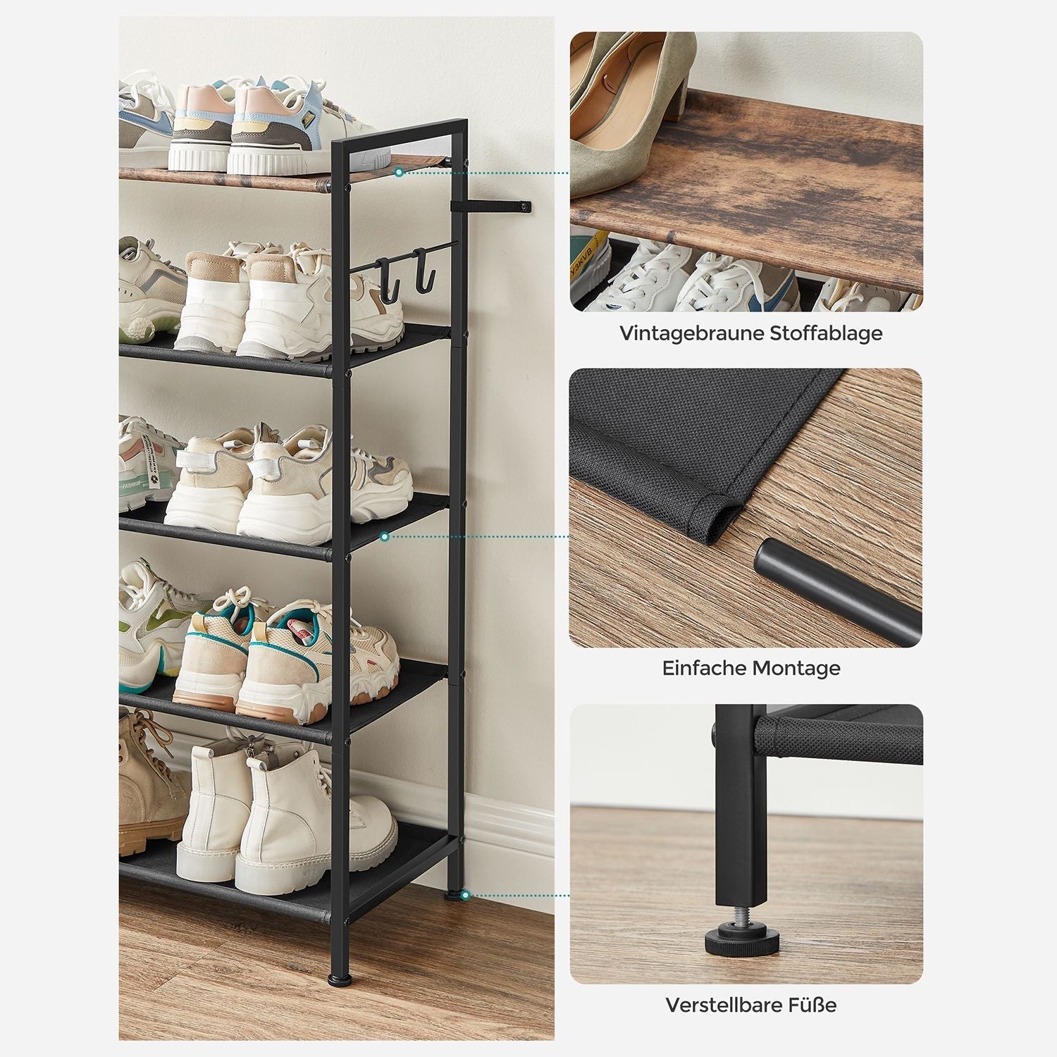 Shoe rack with 5 levels and surface for bags - Industrial - Brown / Black