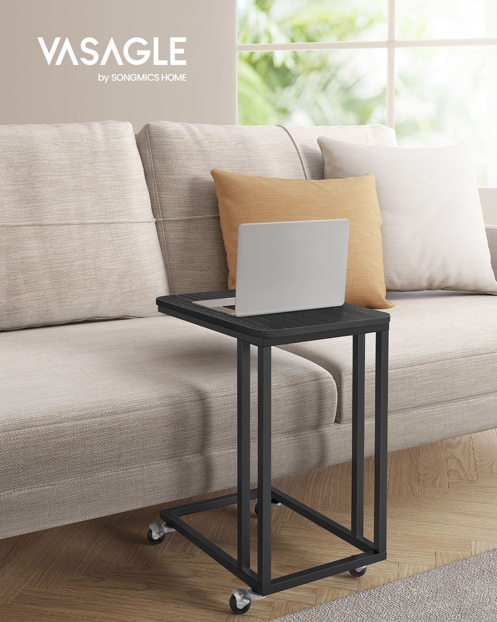 Side table-C-shape-On wheels-Ebony Black