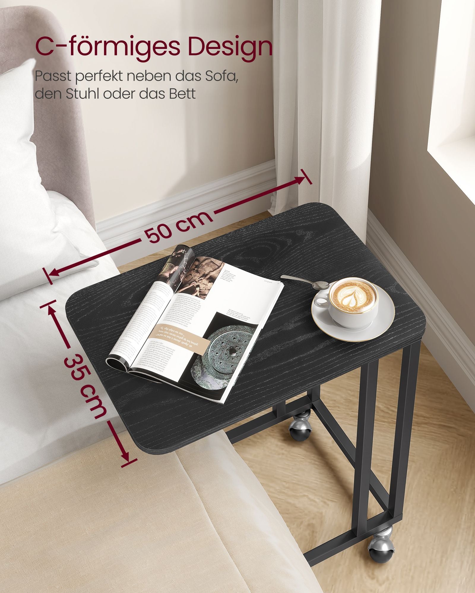 Side table-C-shape-On wheels-Ebony Black