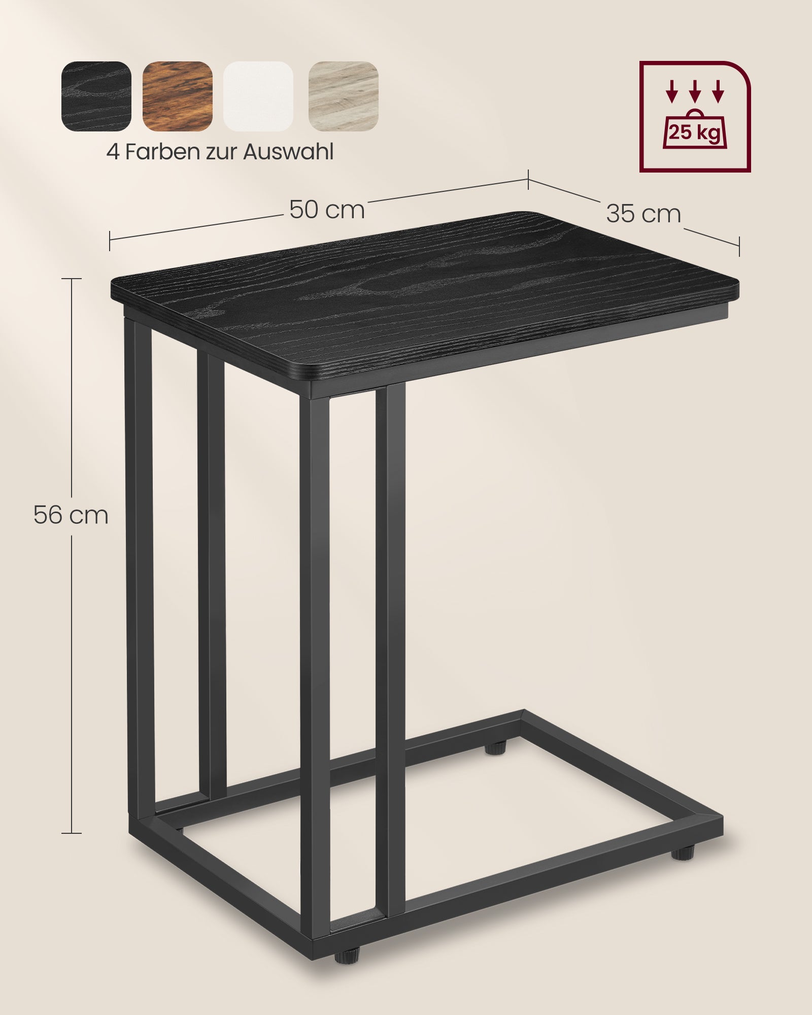 Side table-C-shape-On wheels-Ebony Black
