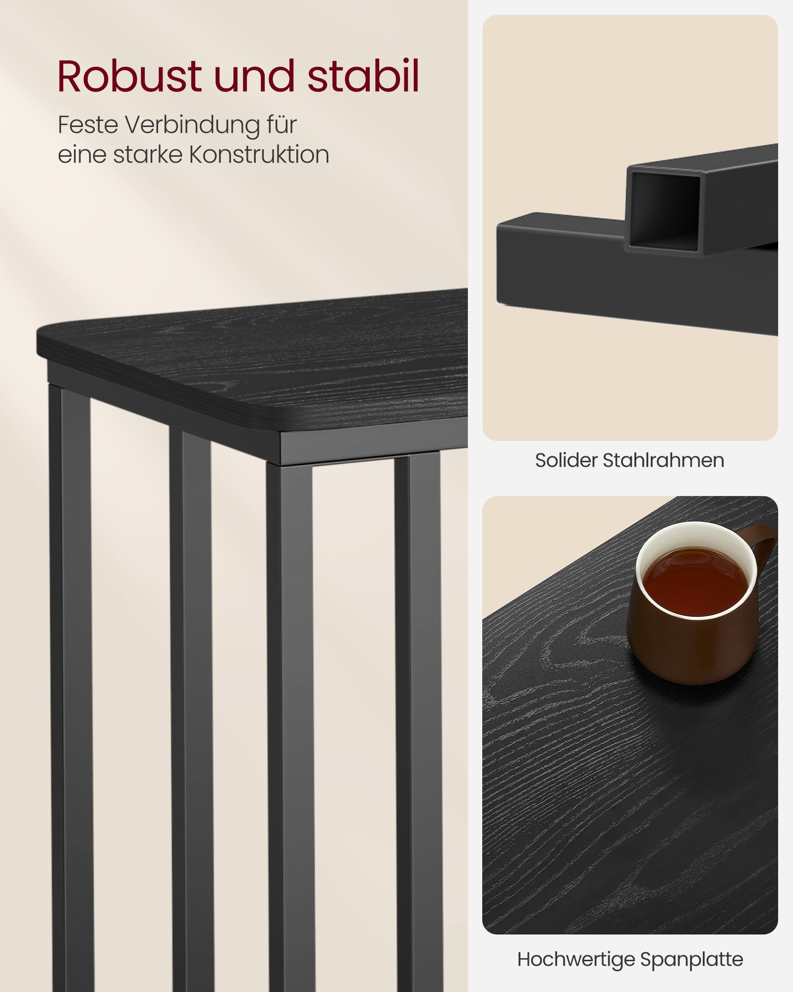 Side table-C-shape-On wheels-Ebony Black
