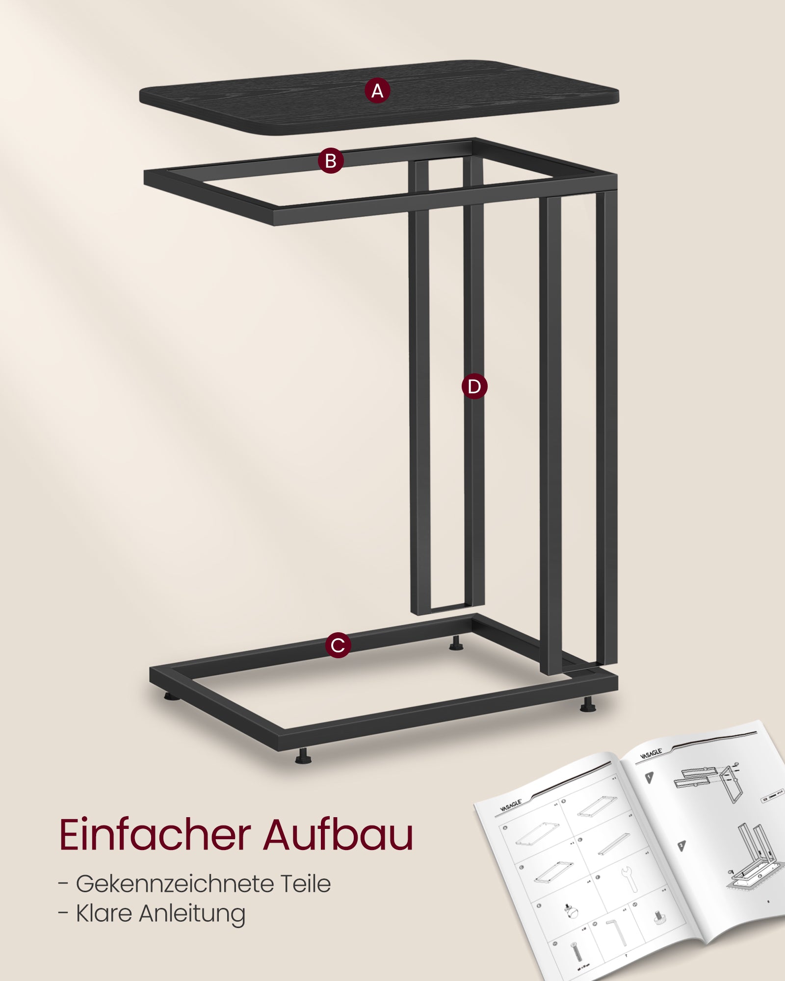 Side table-C-shape-On wheels-Ebony Black