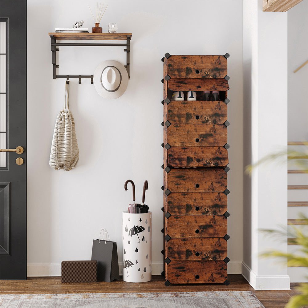 Shoe rack - Plank system - 10 compartments - Wood look - Brown