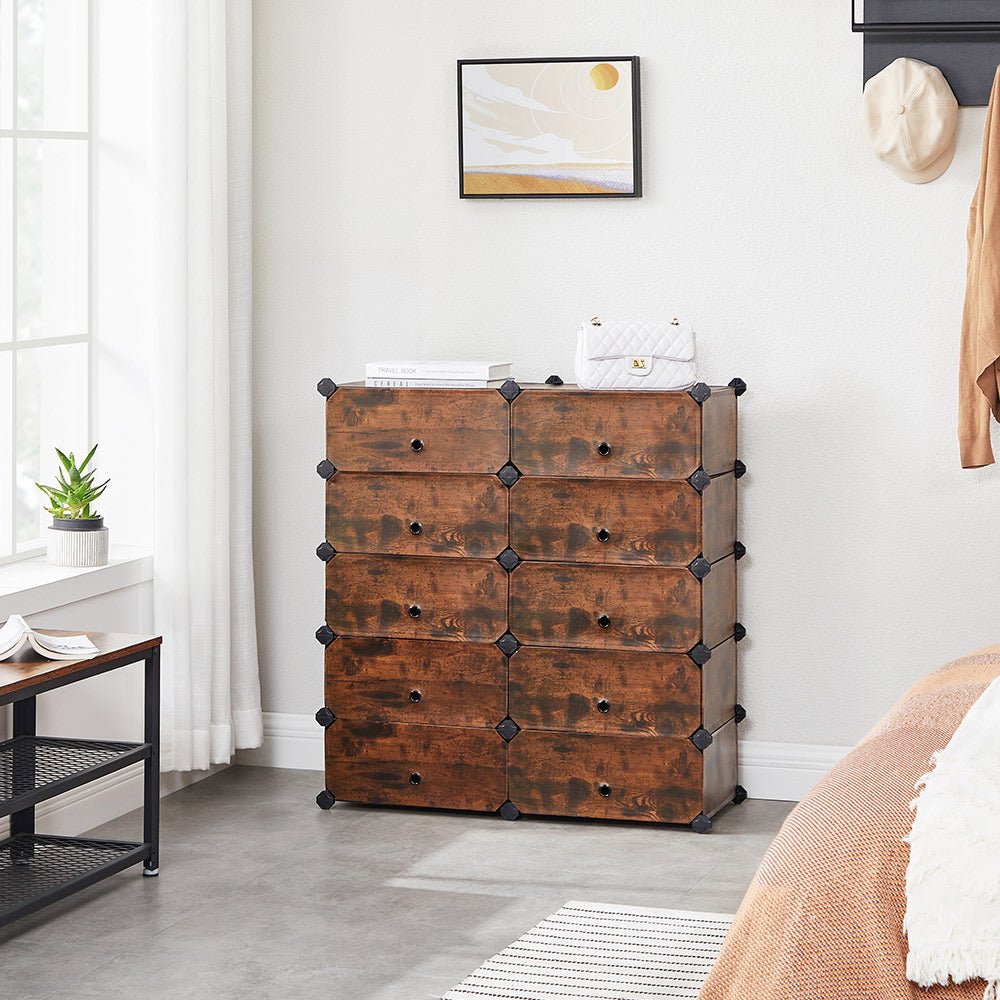 Shoe rack - Plank system - 10 compartments - Wood look - Brown