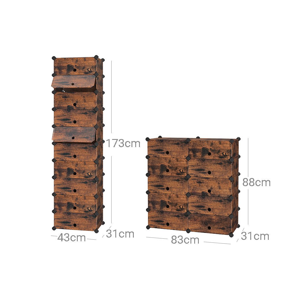 Shoe rack - Plank system - 10 compartments - Wood look - Brown