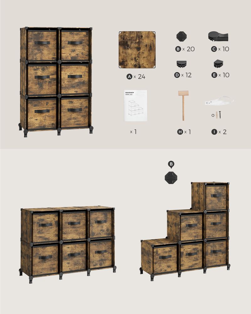 Cube cabinet - Storage cabinet - with 6 compartments and 6 boxes - easy to assemble - Brown