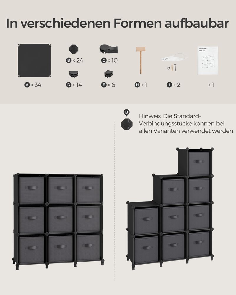 Cube cabinet - Storage cabinet - with 9 compartments and 9 boxes - easy to assemble - Black
