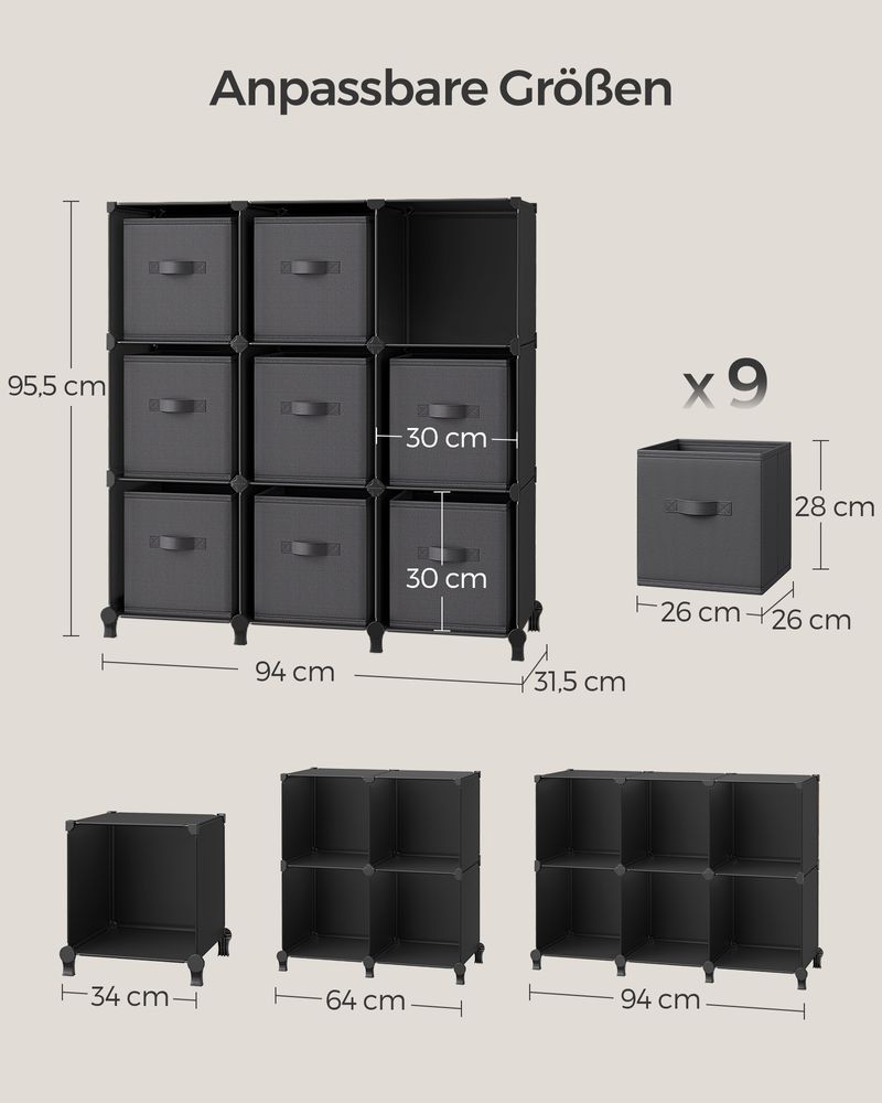 Cube cabinet - Storage cabinet - with 9 compartments and 9 boxes - easy to assemble - Black