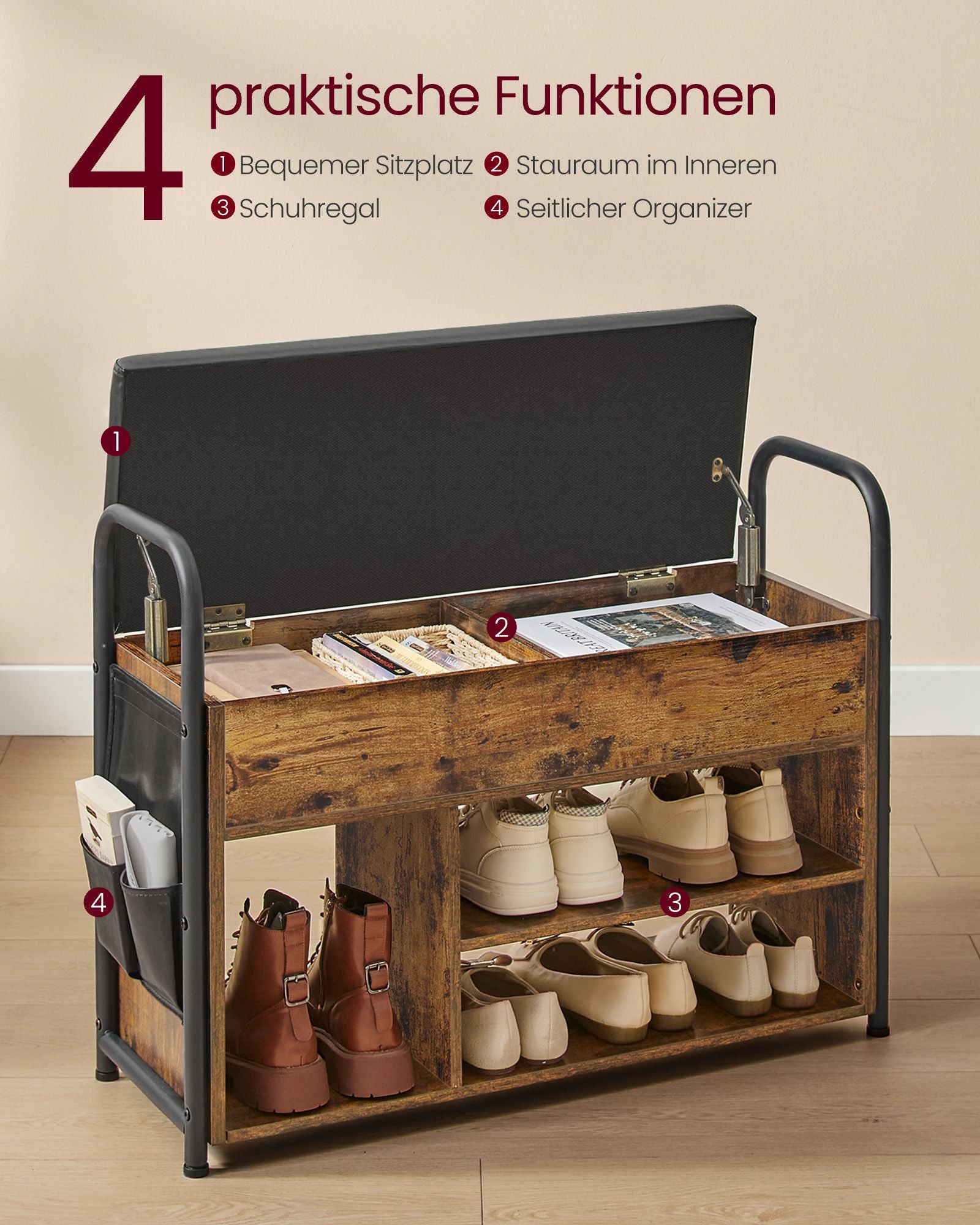 Shoe bank - with seating and handles - 80.6 cm wide