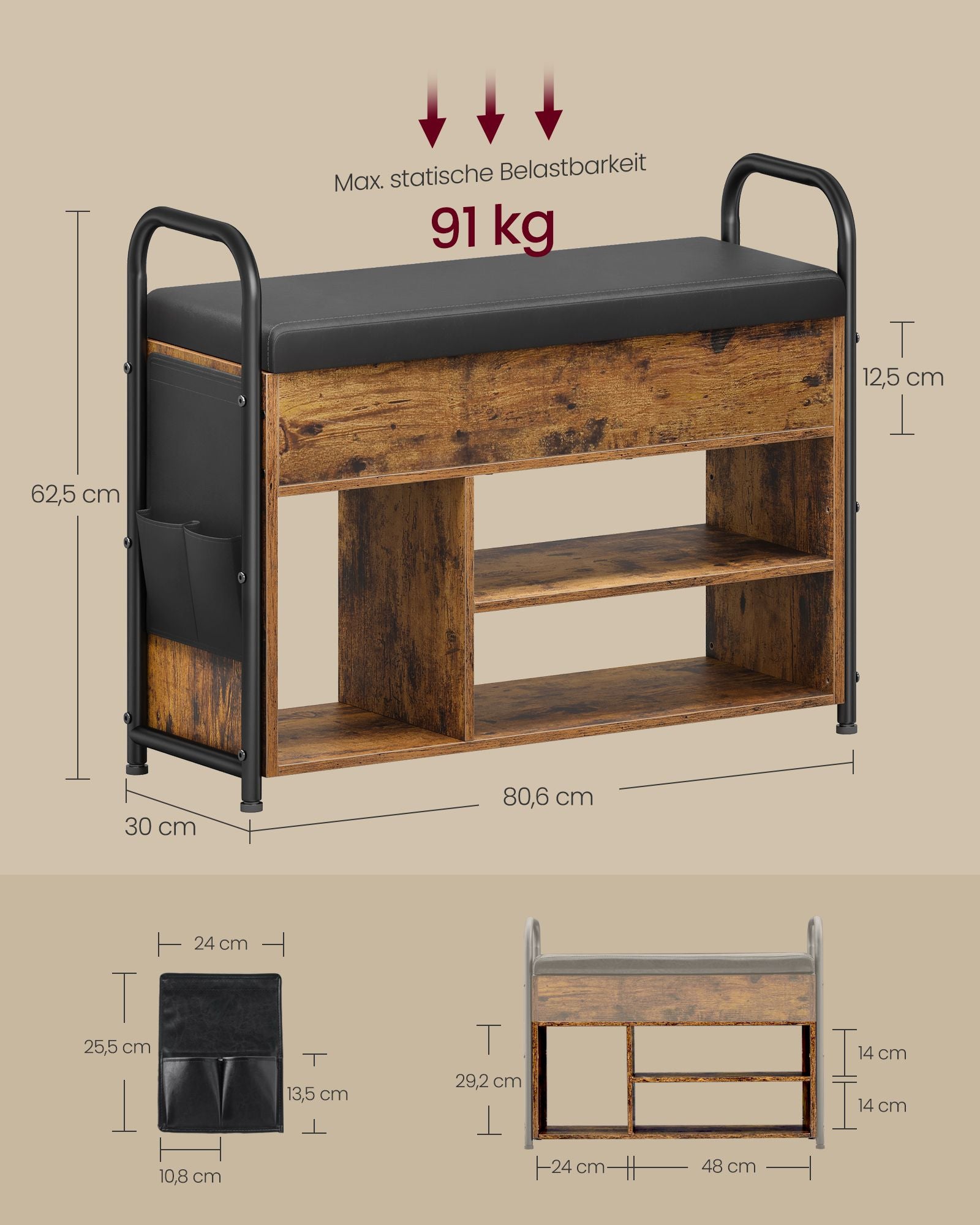 Shoe bank - with seating and handles - 80.6 cm wide