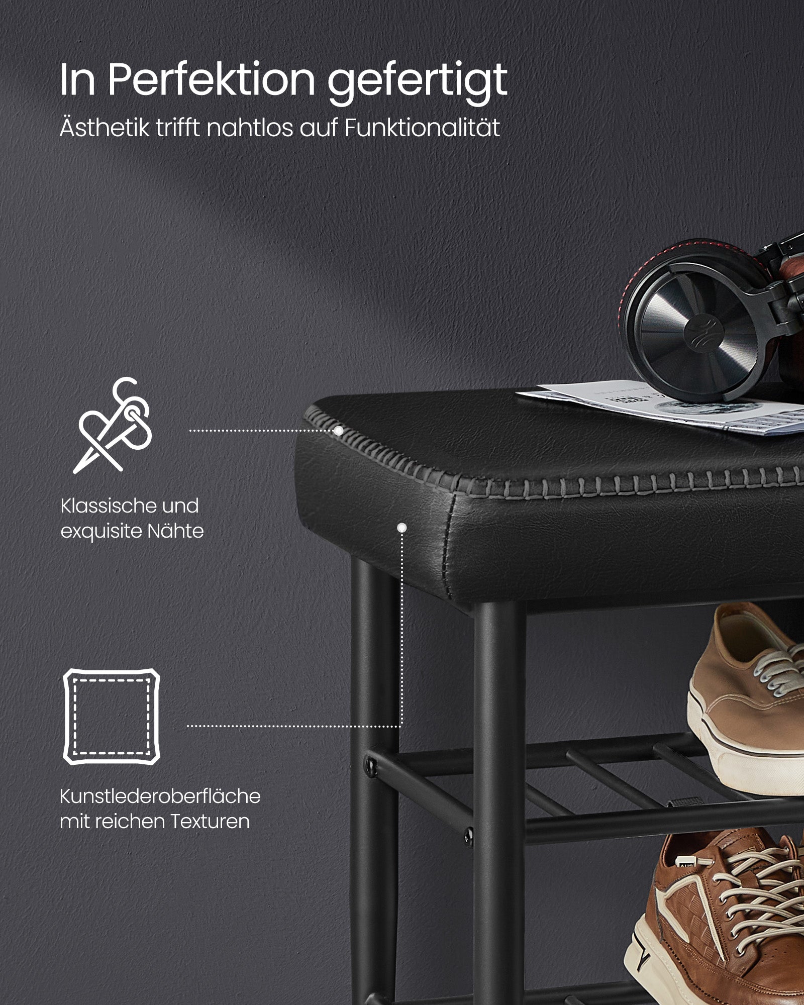 Shoe bench with seams 30 x 100 x 50 cm ink black