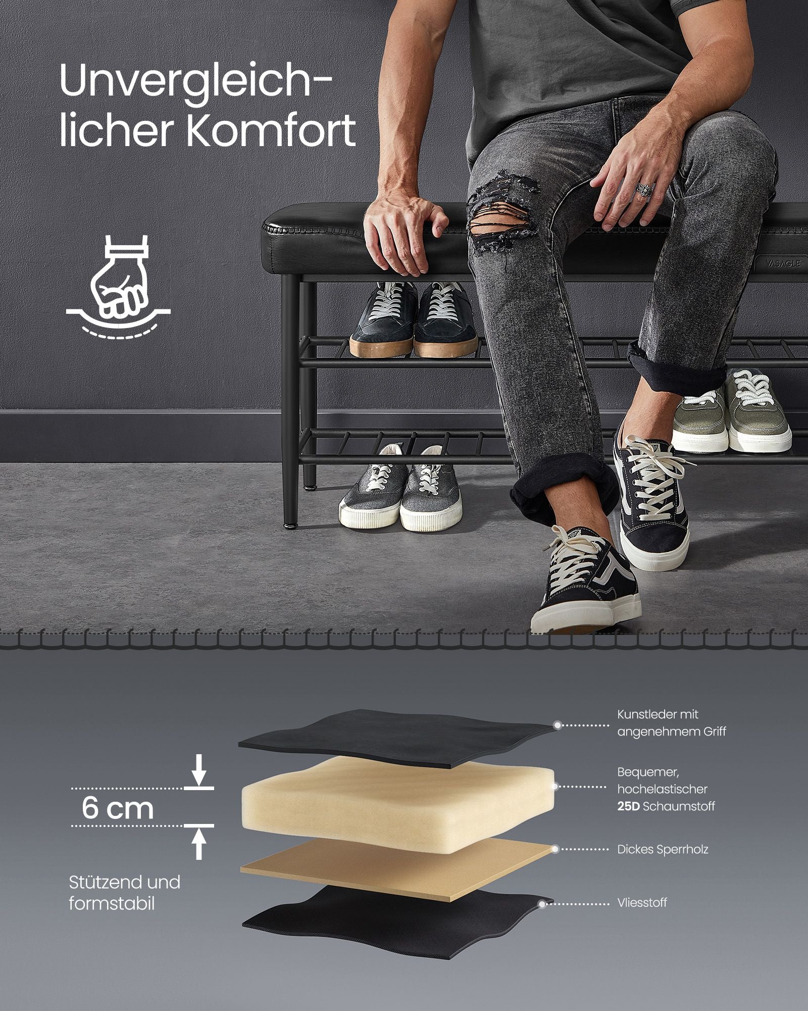 Shoe bench with seams 30 x 100 x 50 cm ink black