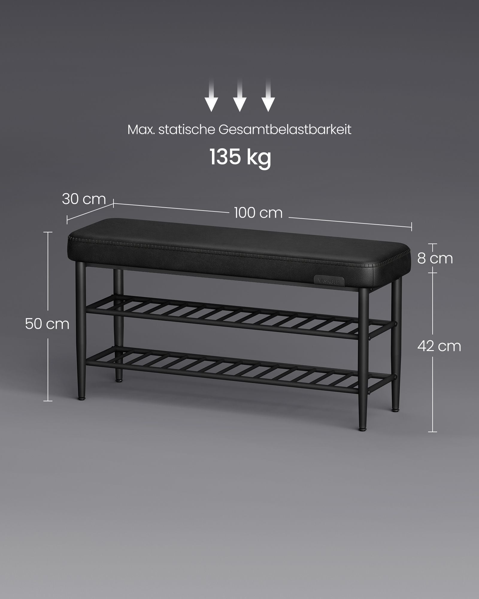 Shoe bench with seams 30 x 100 x 50 cm ink black
