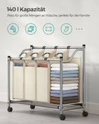 Laundry basket on wheels - 4 wash bags - 4 x 35 liters - Beige