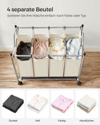 Laundry basket on wheels - 4 wash bags - 4 x 35 liters - Beige