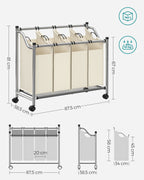 Laundry basket on wheels - 4 wash bags - 4 x 35 liters - Beige