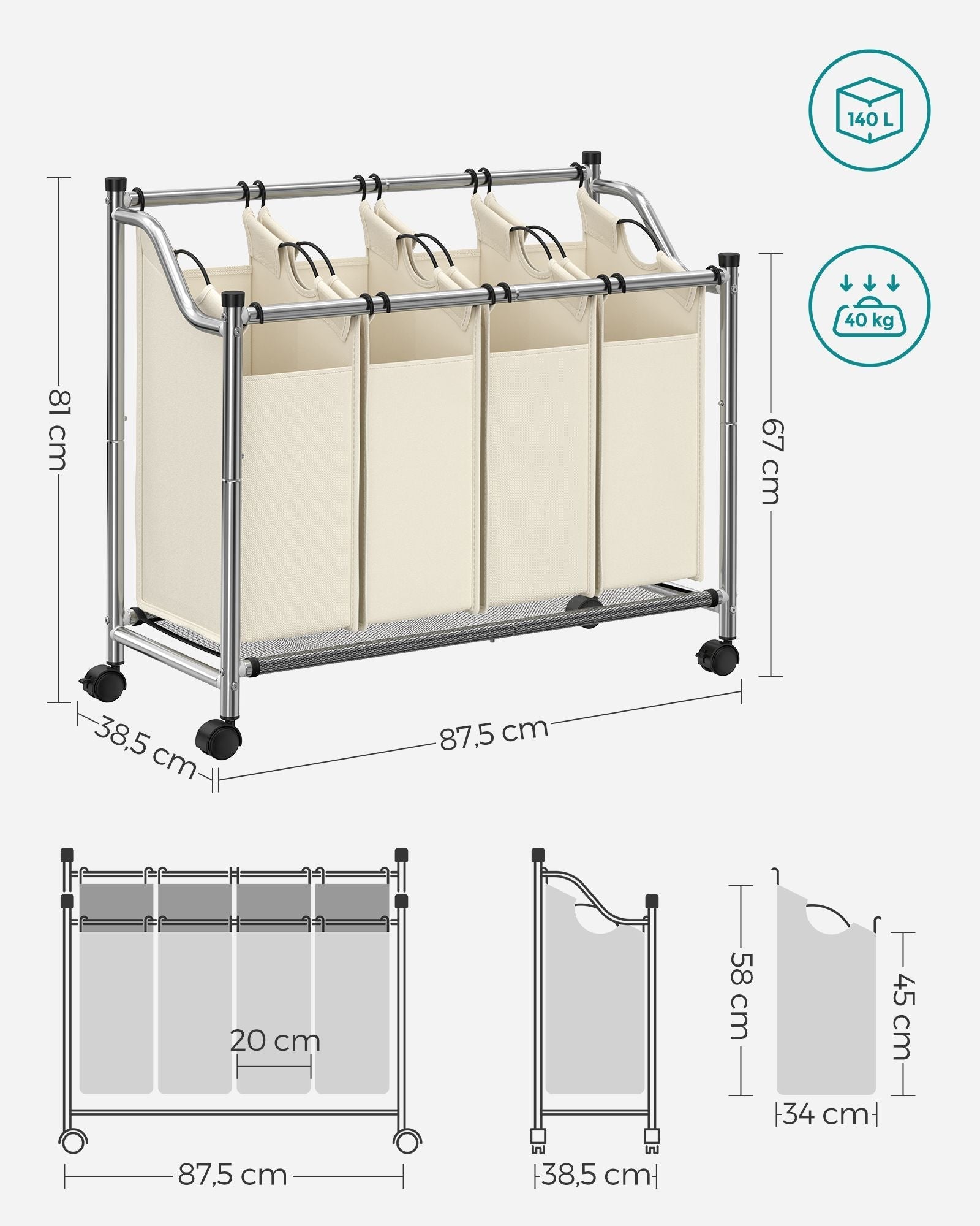 Laundry basket on wheels - 4 wash bags - 4 x 35 liters - Beige