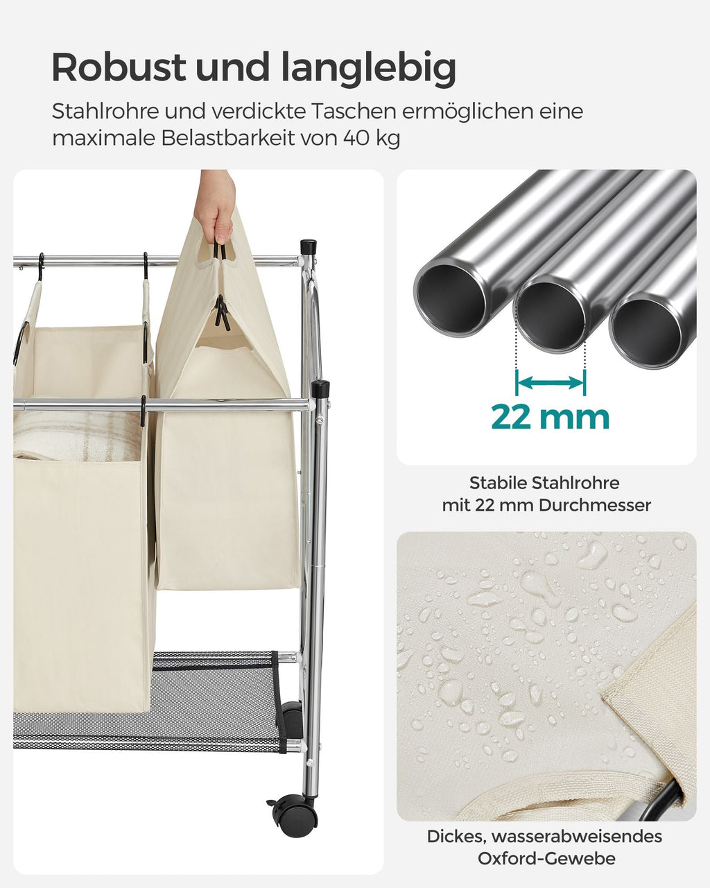 Laundry basket on wheels - 4 wash bags - 4 x 35 liters - Beige