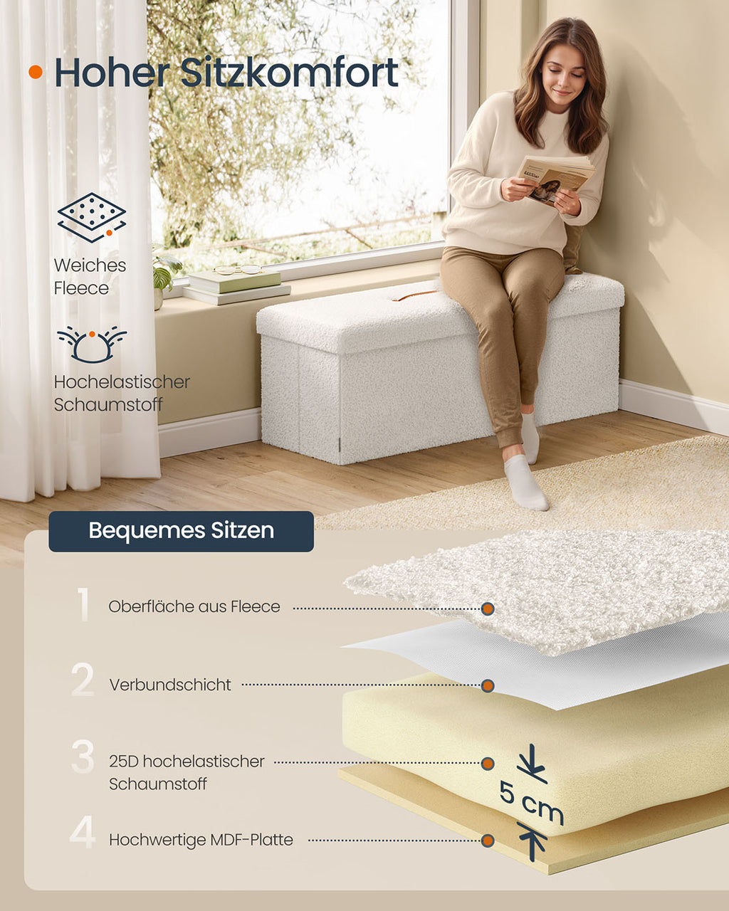 Stool with storage space 38 x 110 x 38 cm cream white