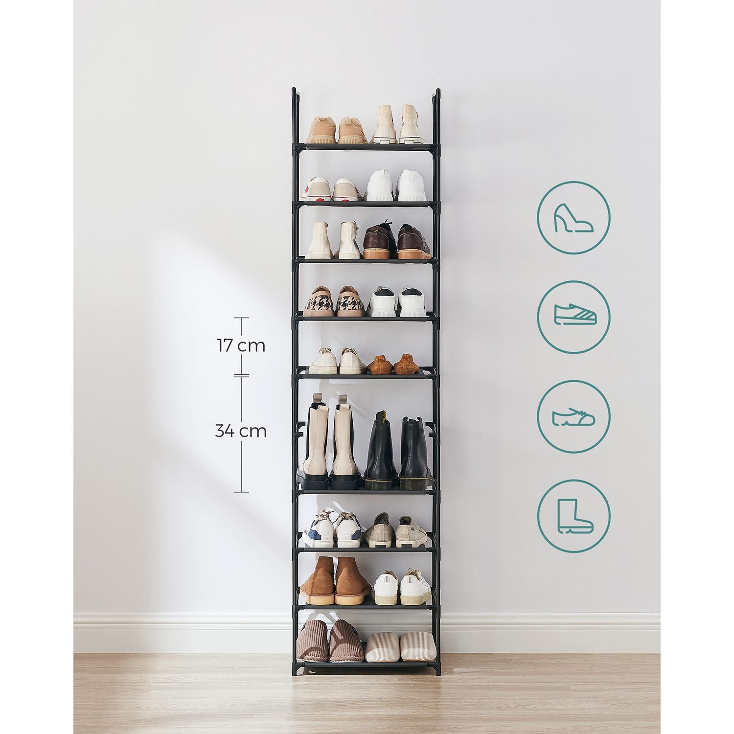 Shoe rack - Shoe cabinet - With 10 levels - Metal frame - Black