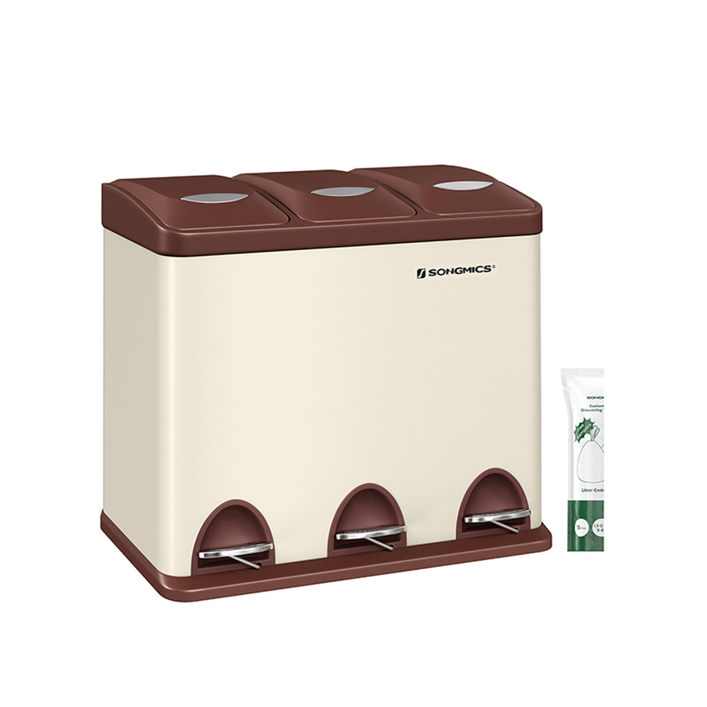 Garbage bin-3 × 8 liters-with lid & inner bucket-Crème-White & Brown