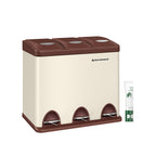 Garbage bin-3 × 8 liters-with lid & inner bucket-Crème-White & Brown