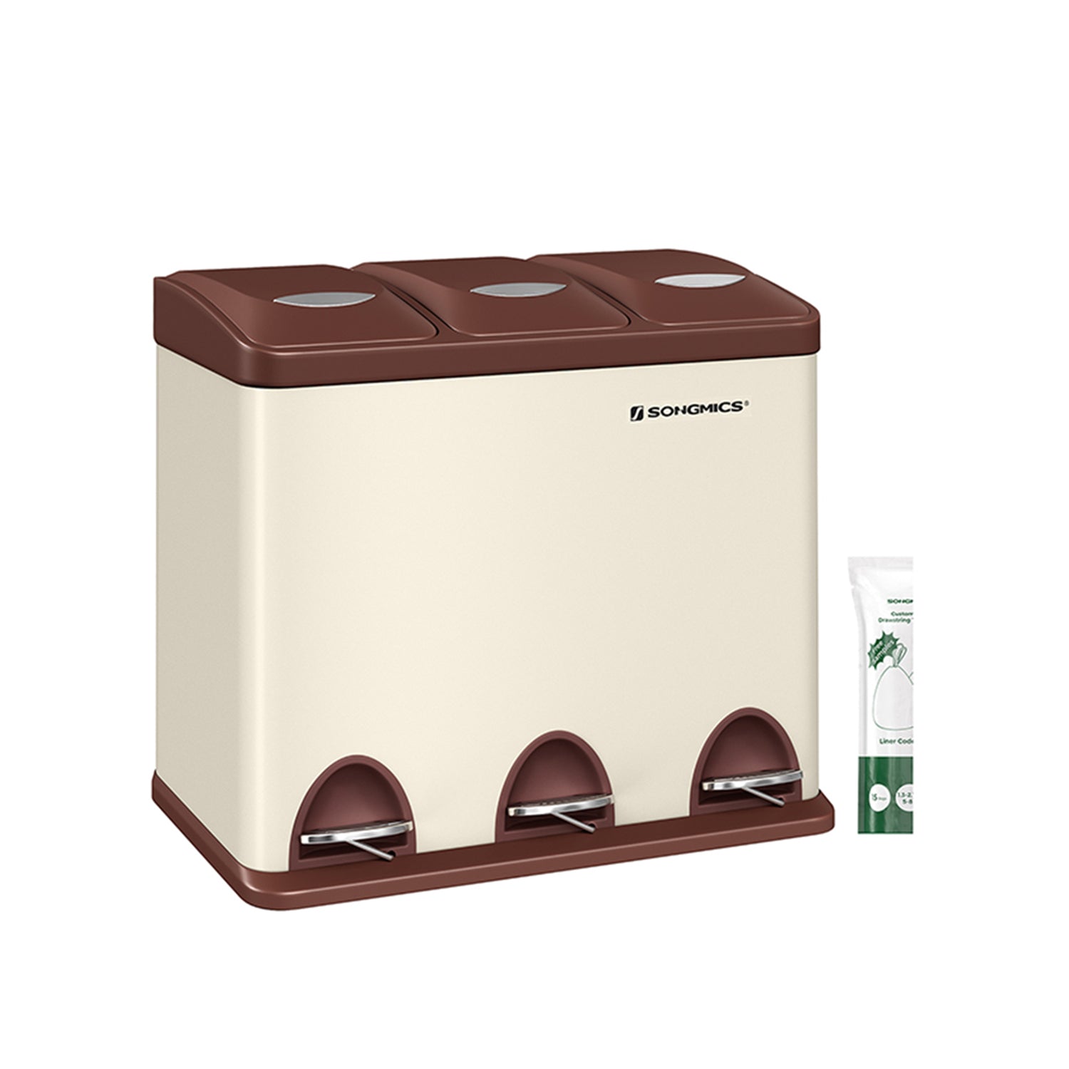 Garbage bin-3 × 8 liters-with lid & inner bucket-Crème-White & Brown