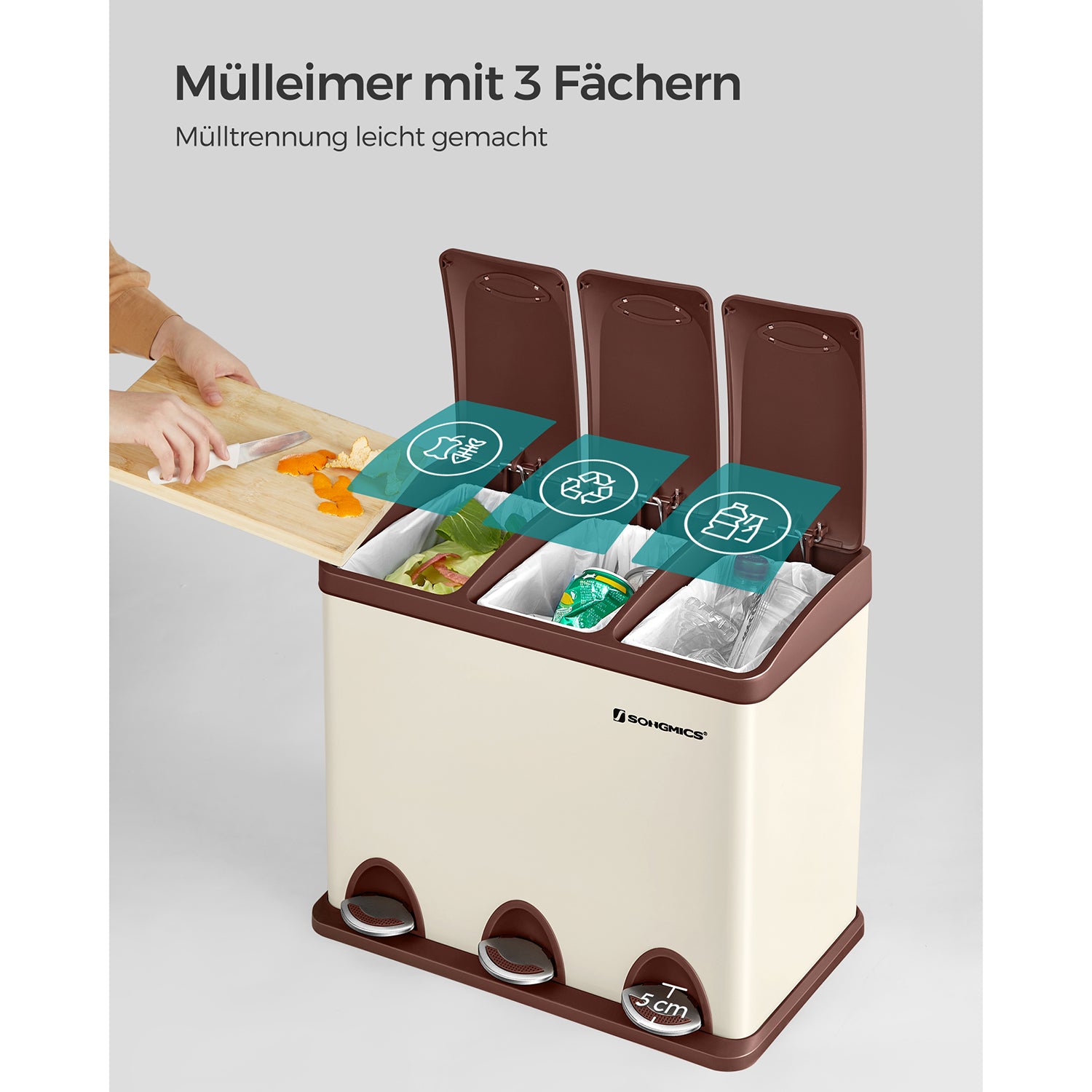 Garbage bin-3 × 8 liters-with lid & inner bucket-Crème-White & Brown