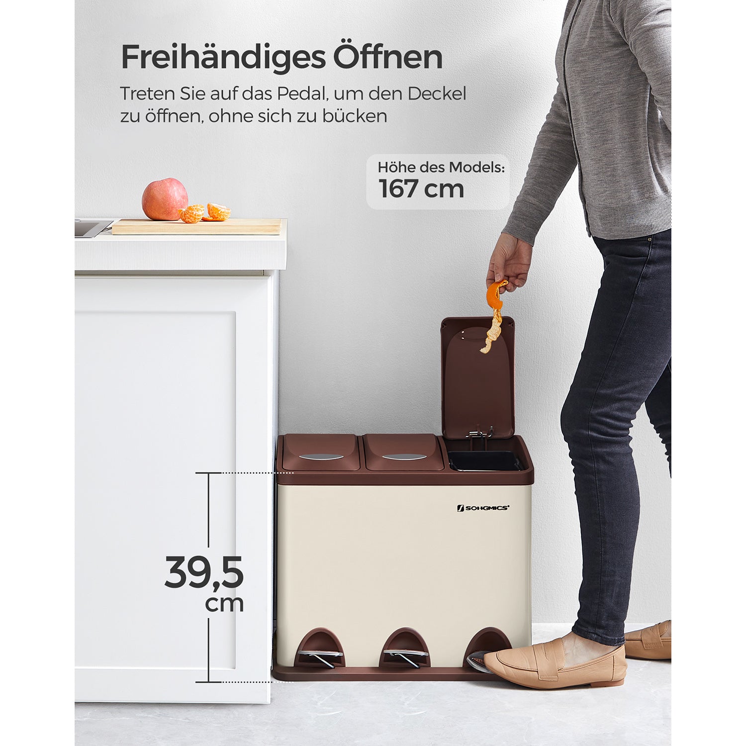 Garbage bin-3 × 8 liters-with lid & inner bucket-Crème-White & Brown