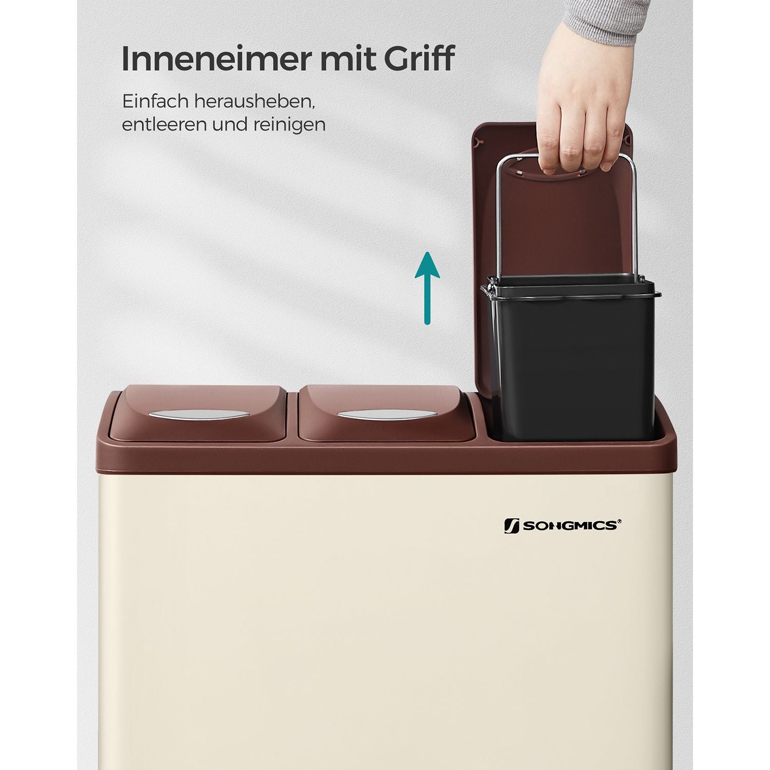 Garbage bin-3 × 8 liters-with lid & inner bucket-Crème-White & Brown