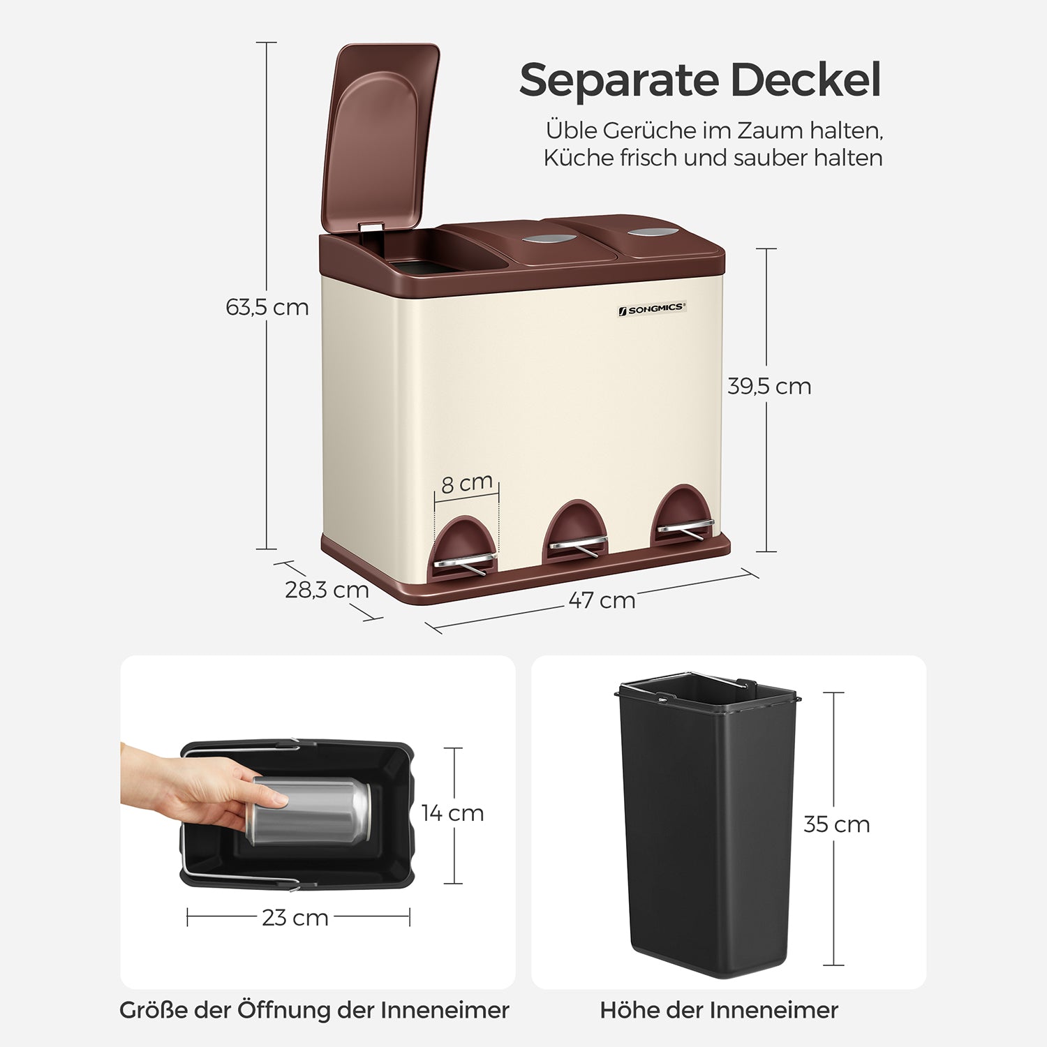 Garbage bin-3 × 8 liters-with lid & inner bucket-Crème-White & Brown