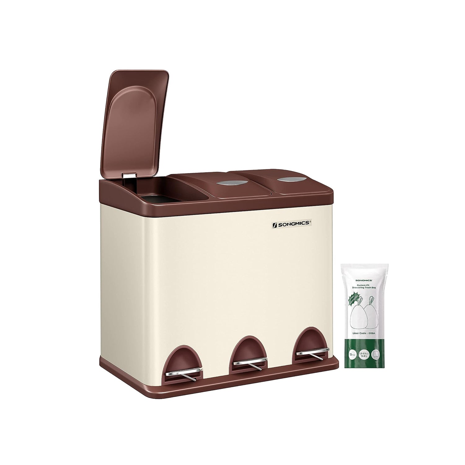 Garbage bin-3 × 8 liters-with lid & inner bucket-Crème-White & Brown