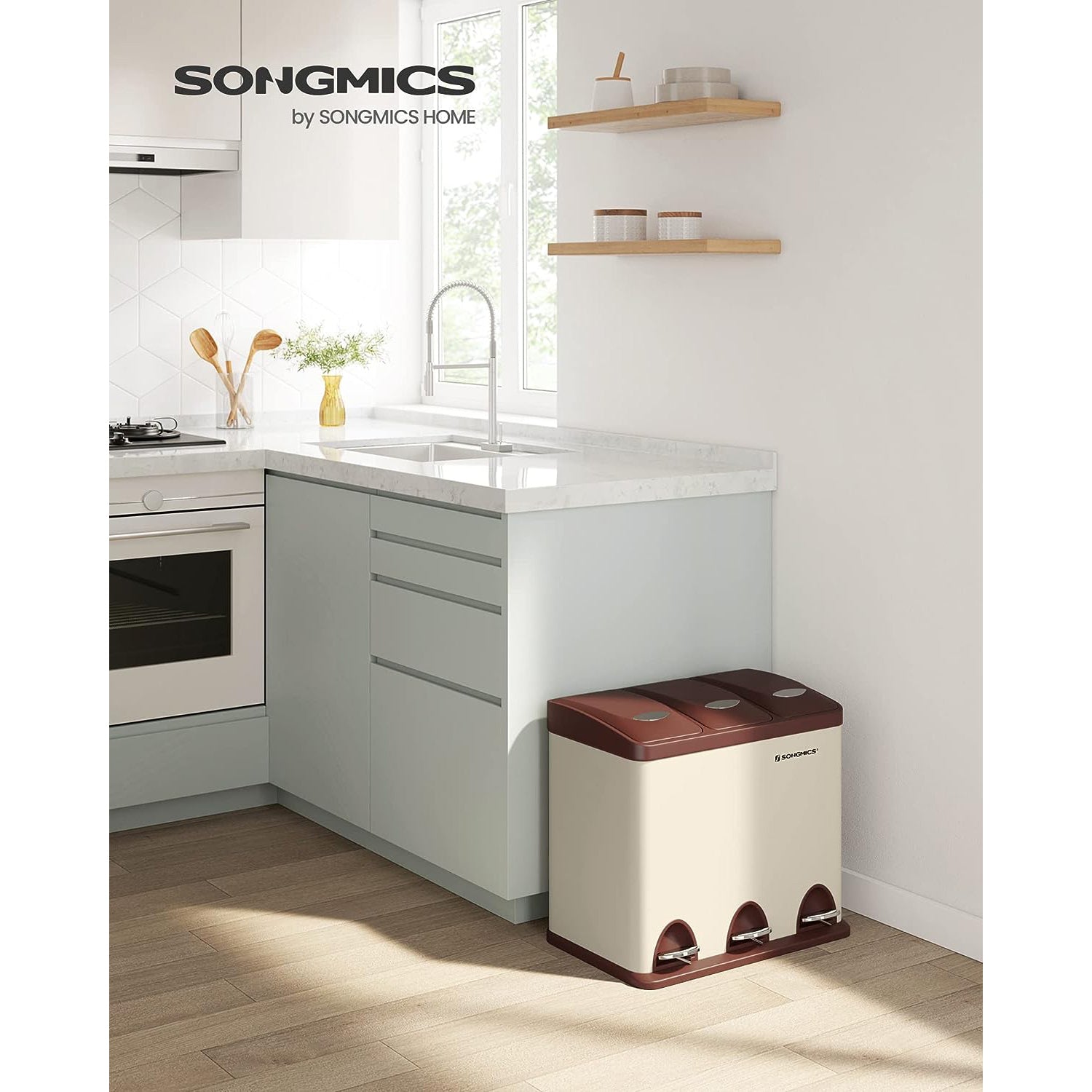 Garbage bin-3 × 8 liters-with lid & inner bucket-Crème-White & Brown
