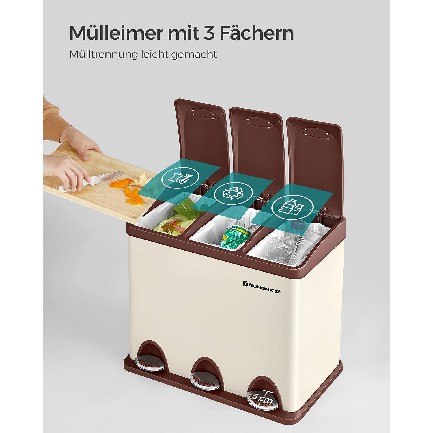Garbage bin-3 × 8 liters-with lid & inner bucket-Crème-White & Brown