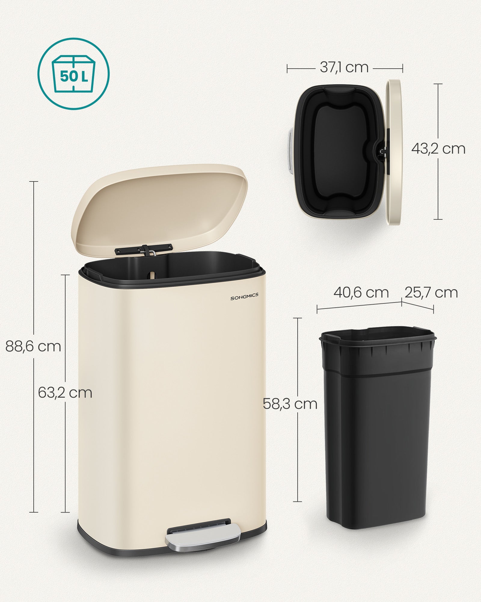 Kitchen Prullen Bin 50 Liter Zandbeige