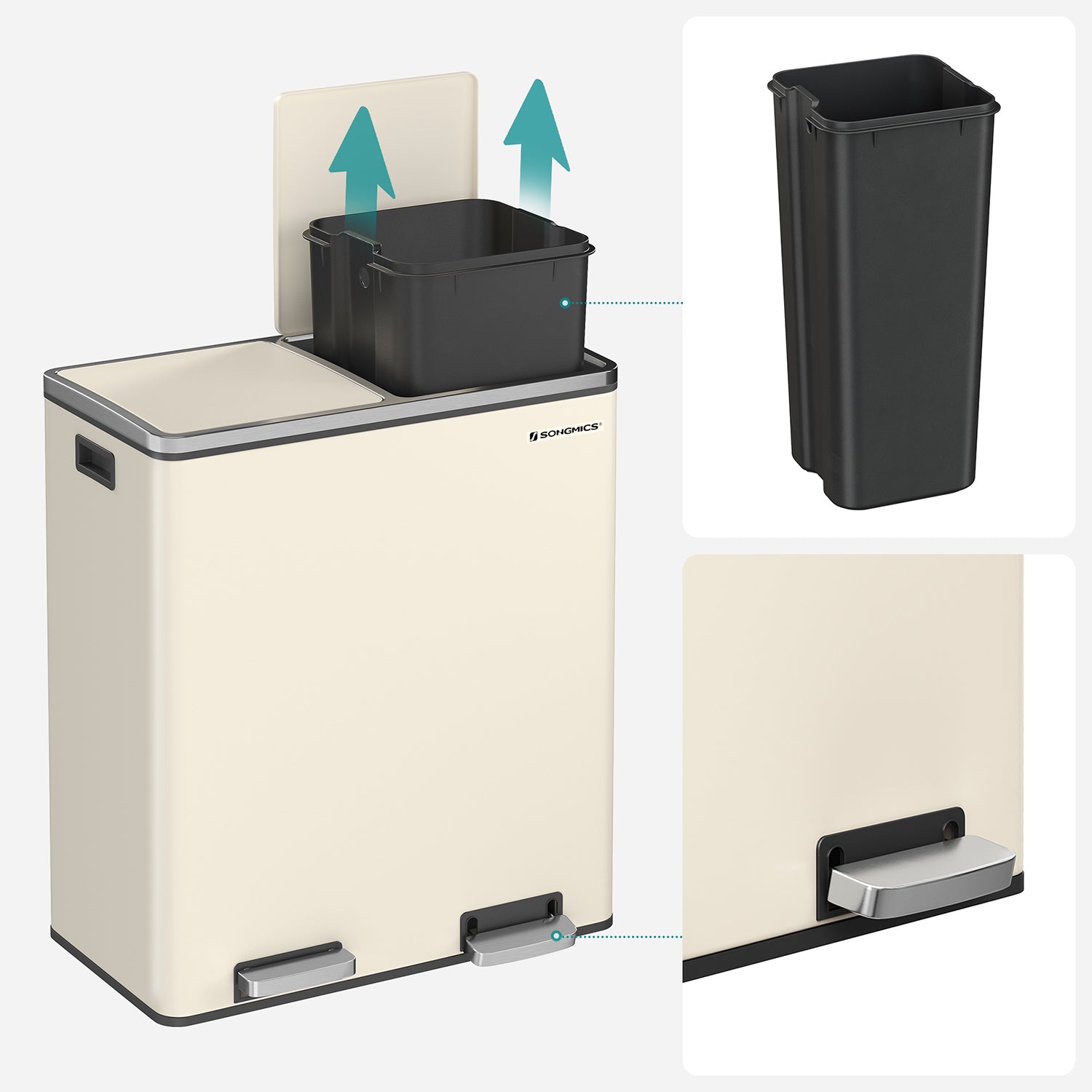 Garbage bin - 2 x 30 liters - with lid and inner bucket - Crème White