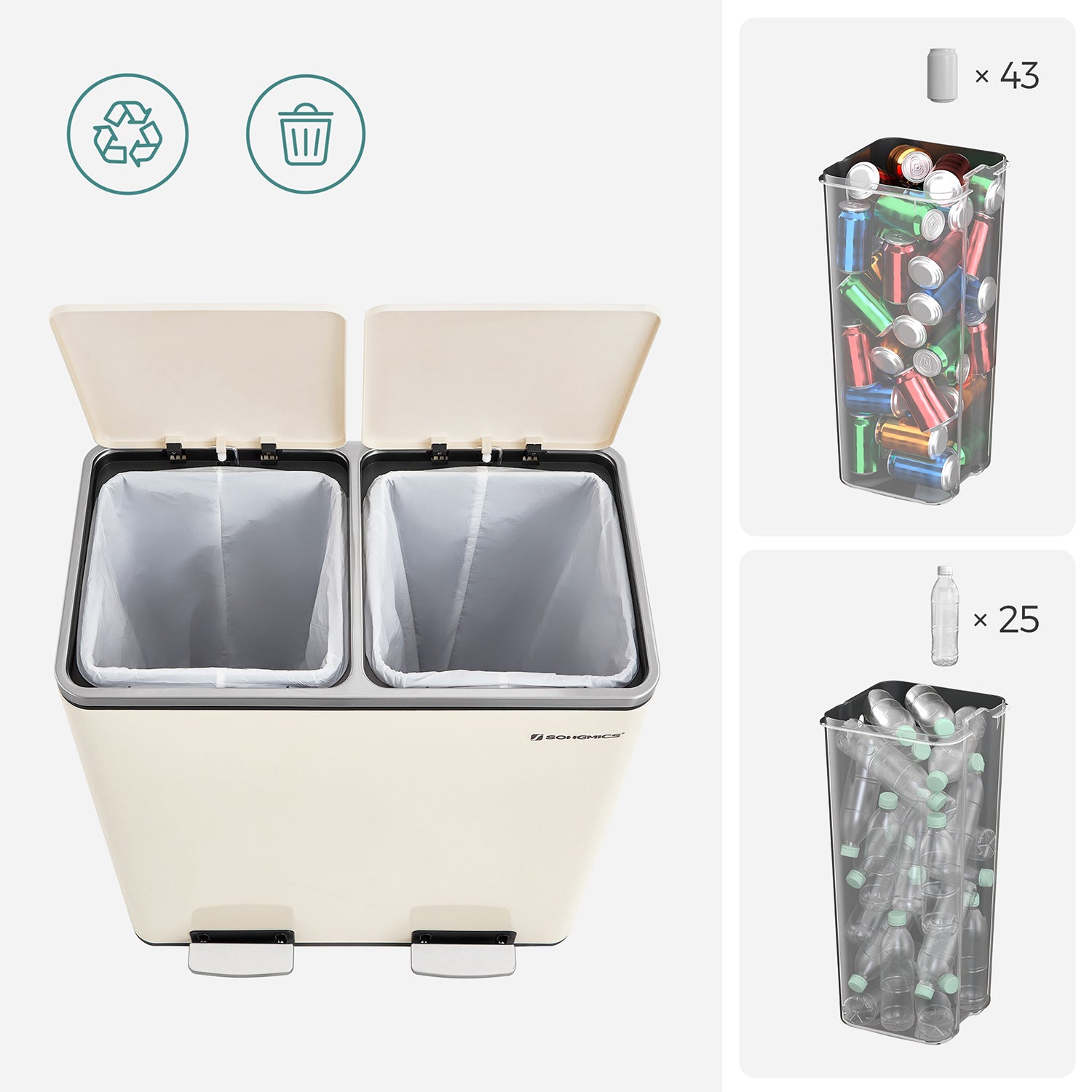 Garbage bin - 2 x 30 liters - with lid and inner bucket - Crème White