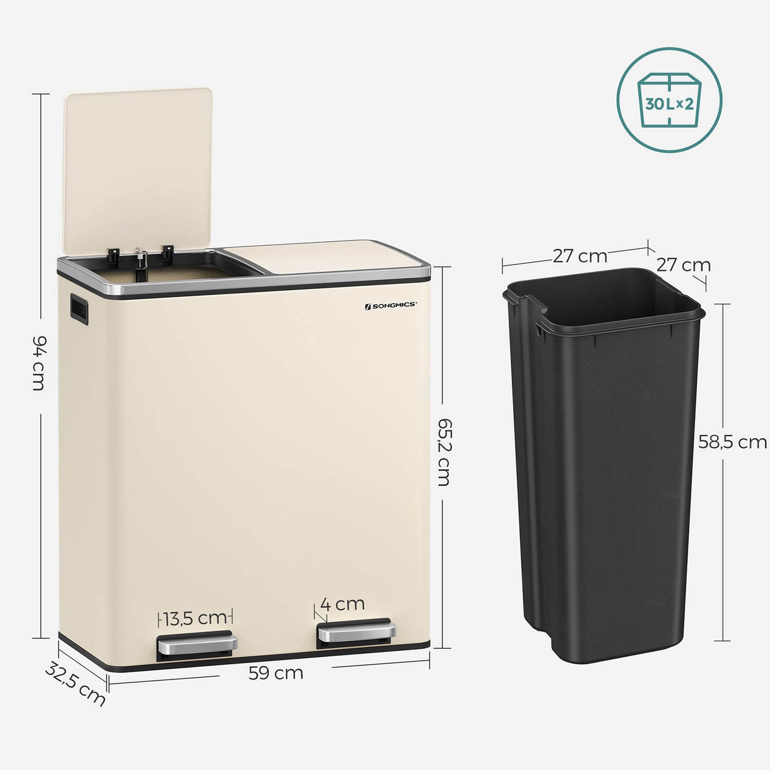 Garbage bin - 2 x 30 liters - with lid and inner bucket - Crème White