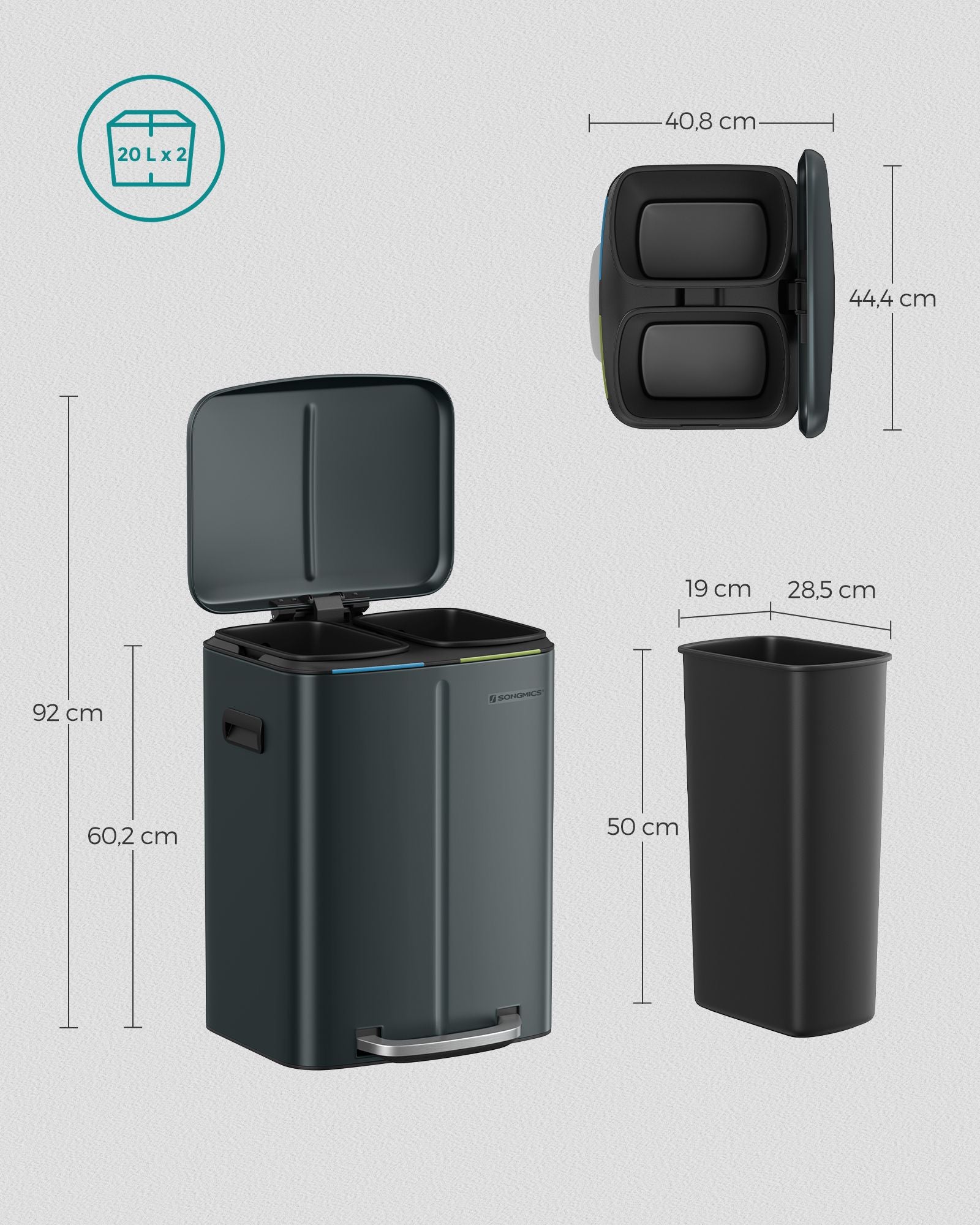 Kitchen Prullen Bin - 2 × 20 L - With soft close lid - Green gray
