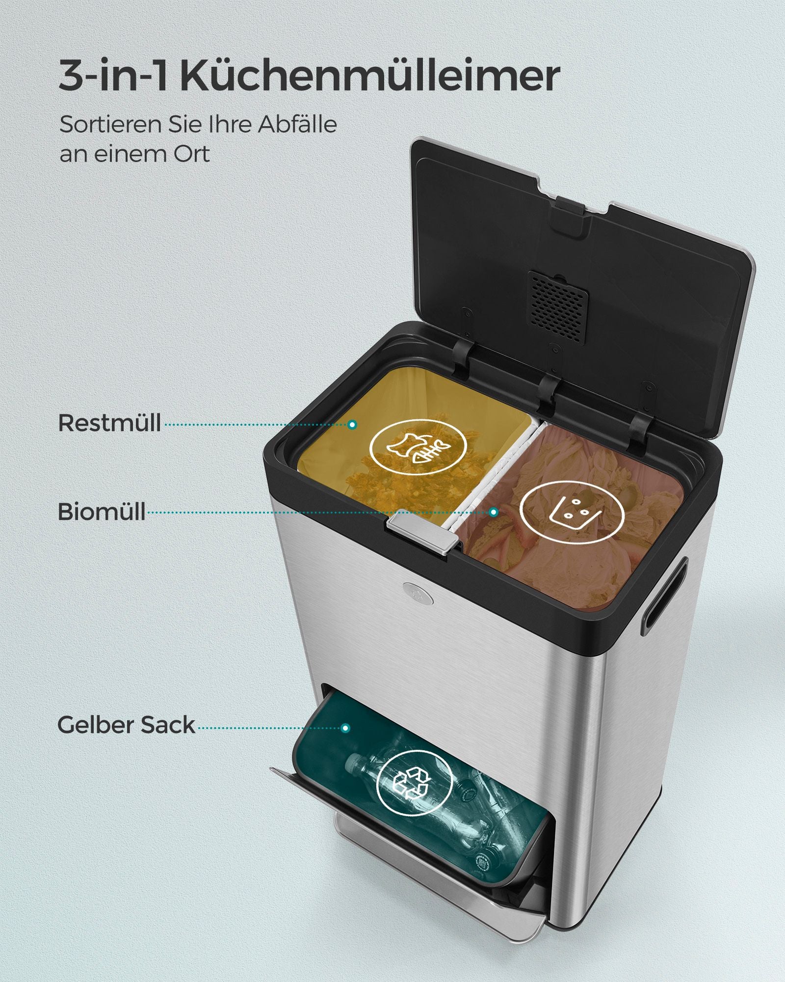 Kitchen Prullen Bin with Pedal and 3 Compartments