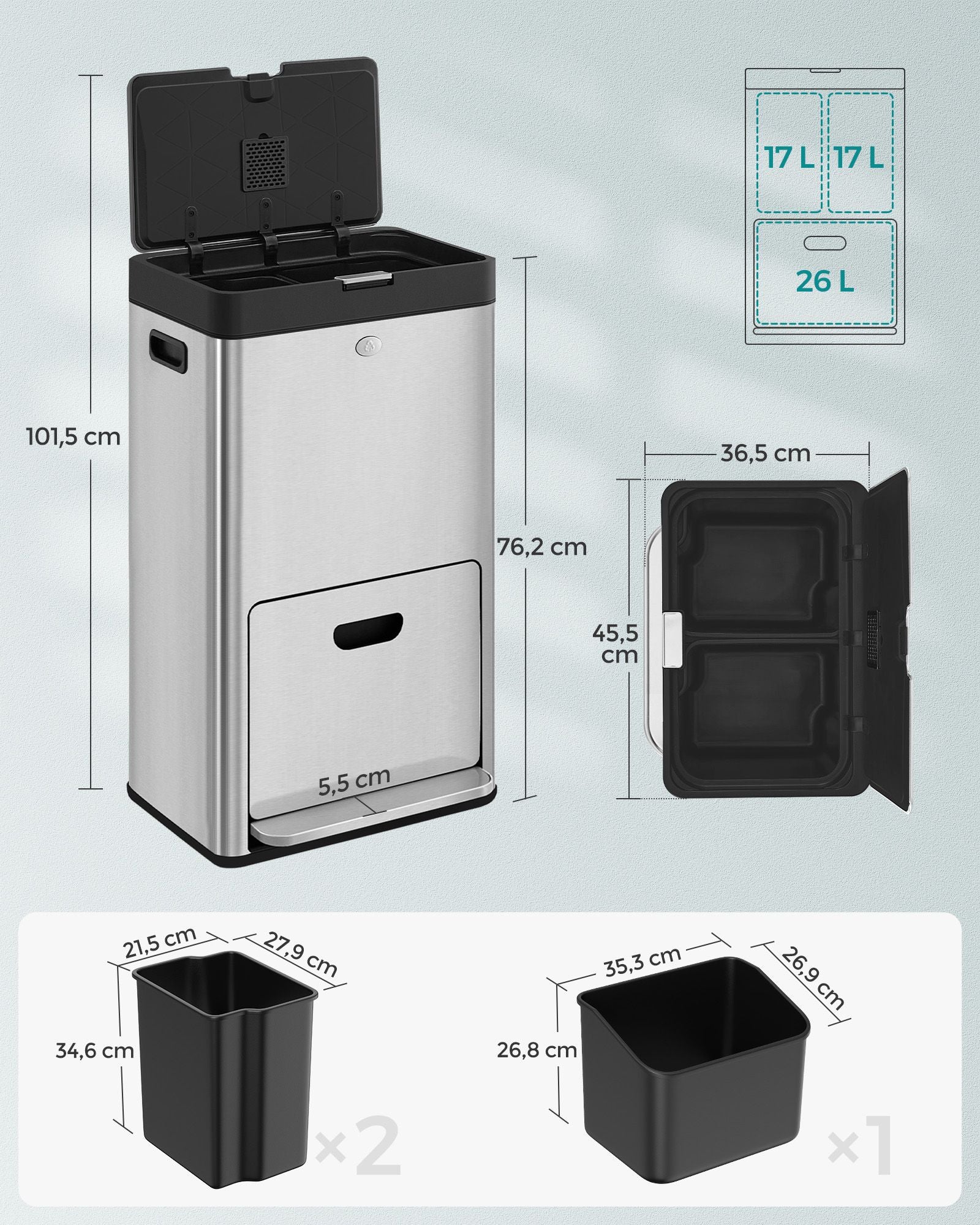 Kitchen Prullen Bin with Pedal and 3 Compartments