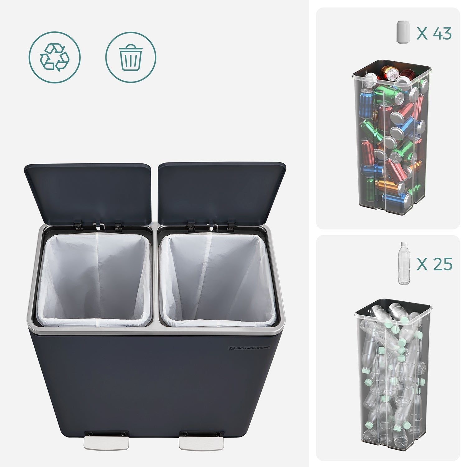 Waste bin - pedal bin with 2 plastic inner buckets - 2 x 30 l - Gray