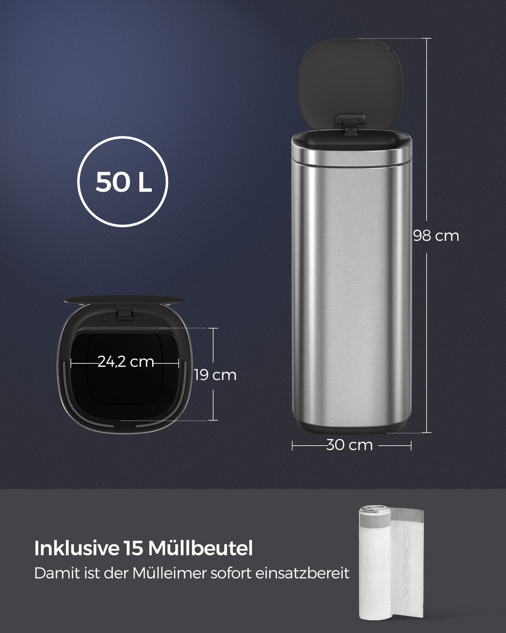 Garbage bin - with motion sensor - kitchen - 50 l - silver