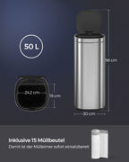 Garbage bin - with motion sensor - kitchen - 50 l - silver