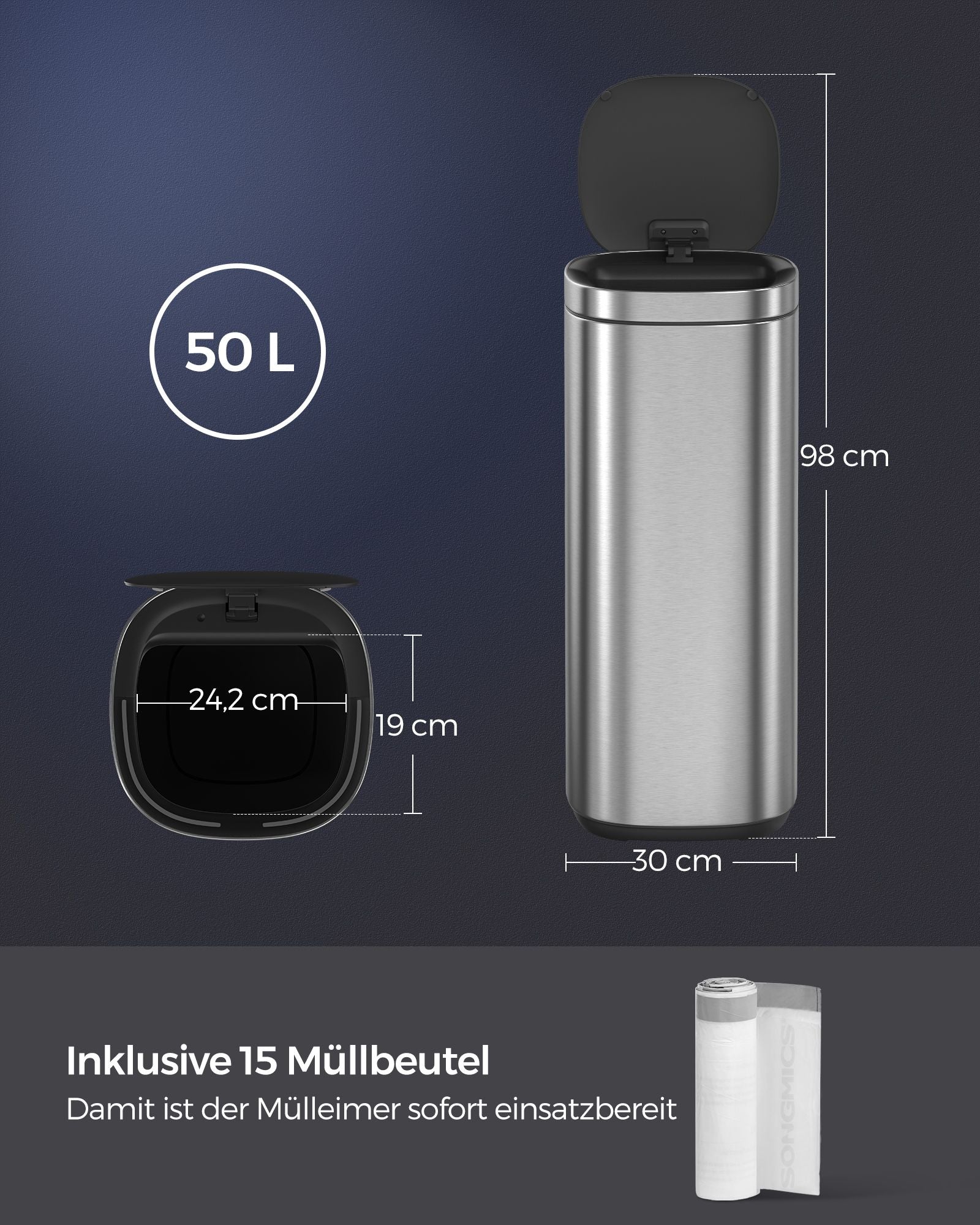 Garbage bin - with motion sensor - kitchen - 50 l - silver