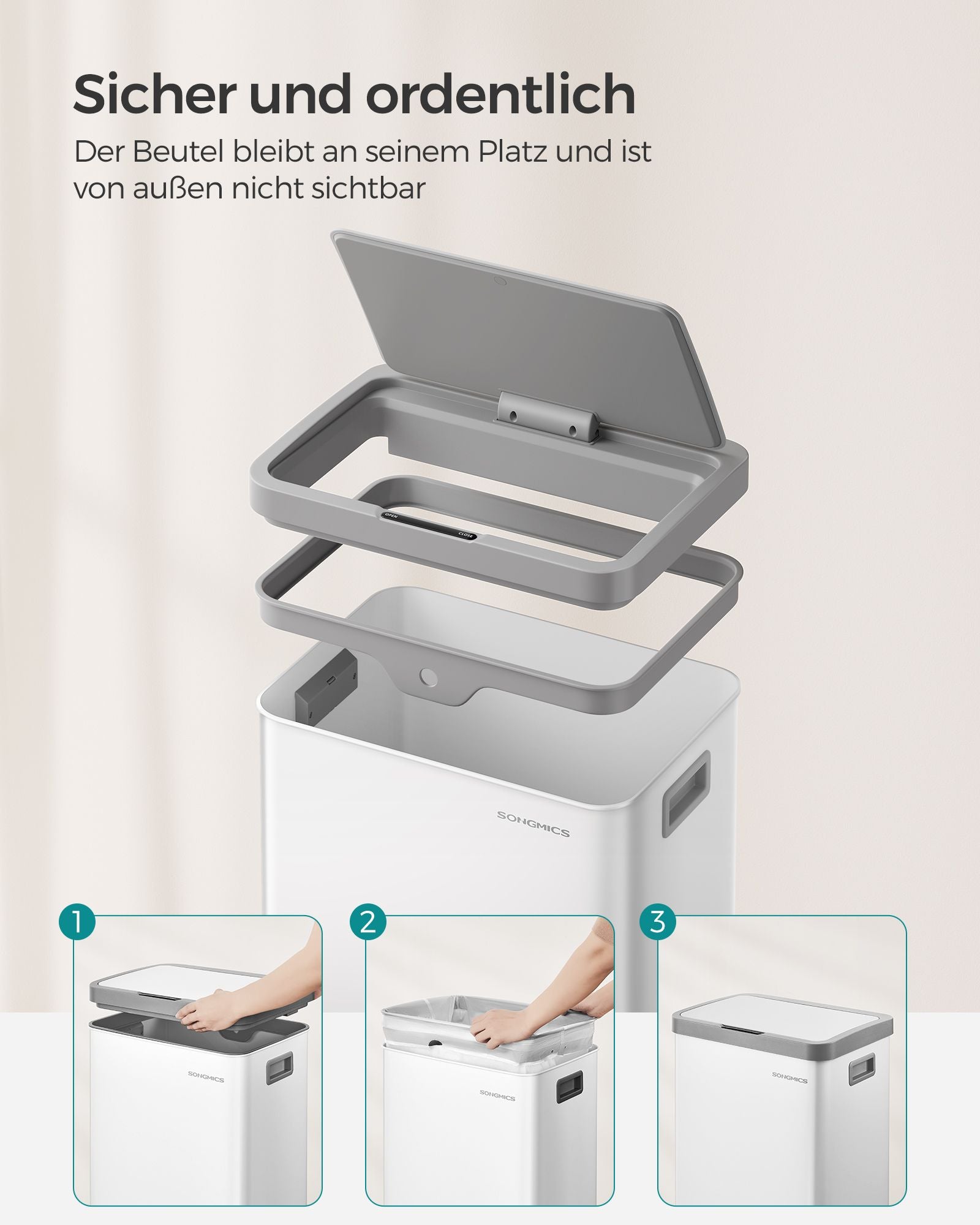 Garbage bin with motion sensor made from Staalwolkwit