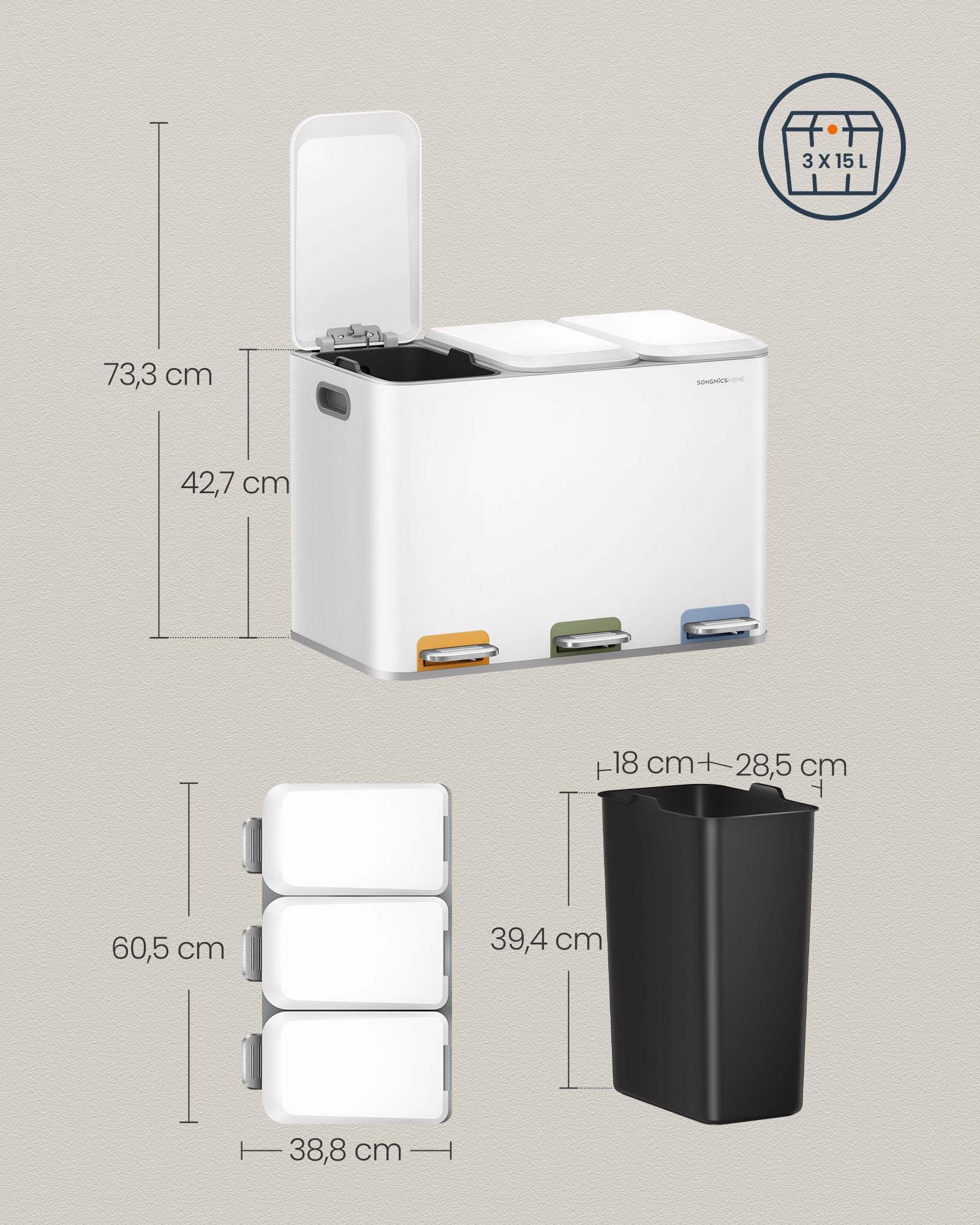 Kitchen Prullen Bin 3 x 15 L Bockets Wolkwit