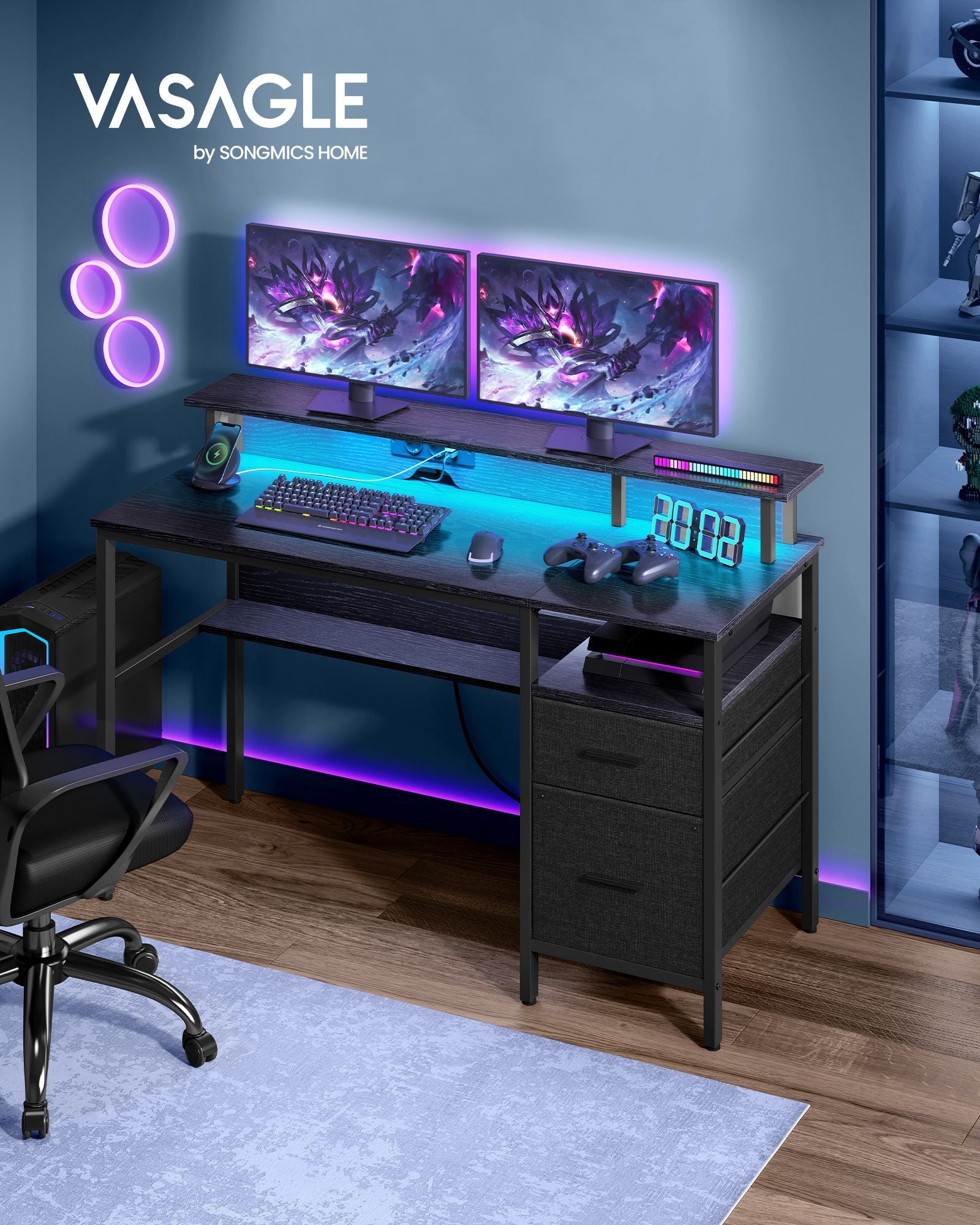Desk with drawers and monitor stands in Ebony black